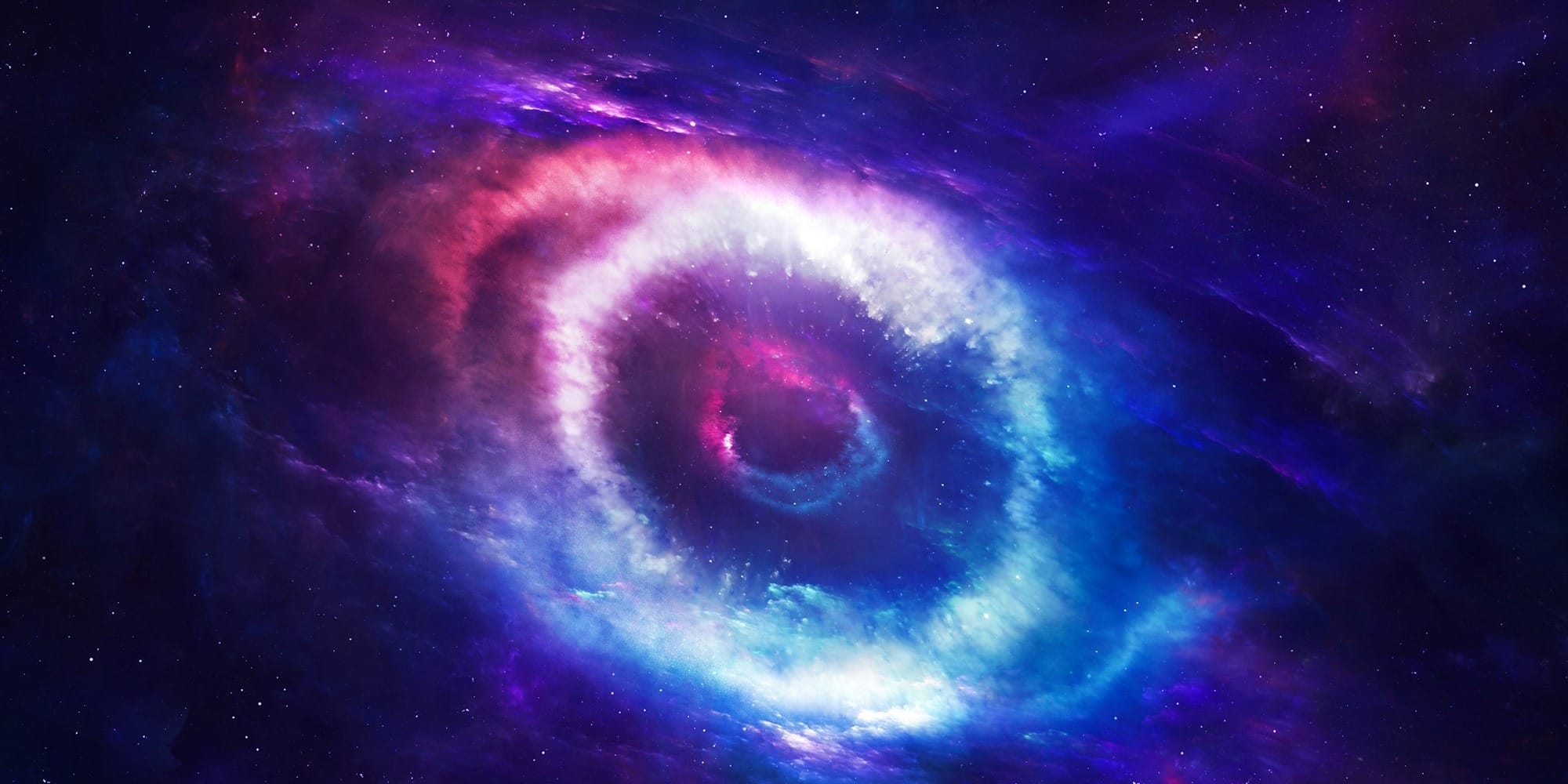 a blue and purple spiral shaped object in space